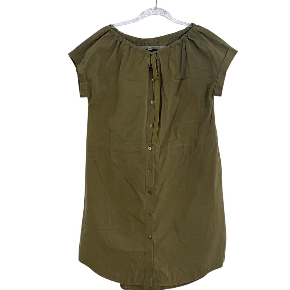 THEORY Laela Shirt Dress Women SZ 8 Green Stretch Cotton Short Sleeve Drawstring